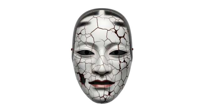 Creepy Noh mask with cracked surface, isolated on white background
