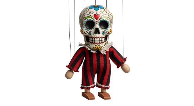 Creepy marionette doll with sugar skull head, isolated on white background