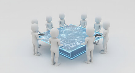A gathering of stick figures around a futuristic digital table. The figures appear to be engaged in a discussion or collaboration. The scene evokes a sense of innovation, technology, and teamwork
