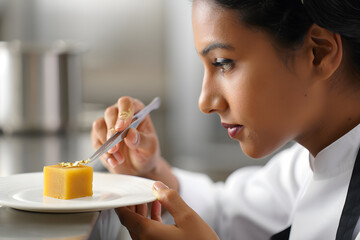 Female Chef Preparing Gourmet Dessert;  Elegant Gold Leaf Detail, Close-up Shot.