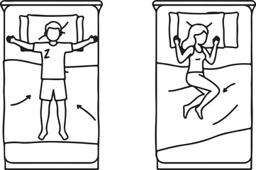 Man and Woman Sleeping in Various Positions with Arrows on Beds Line Art couple