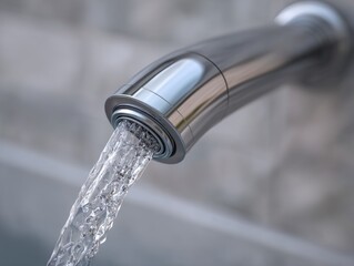 Close-up of flowing water from a chrome faucet.  Water streams from a modern, polished faucet head against a light gray brick wall