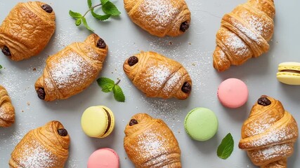 Freshly baked croissants and colorful macarons arranged on a gray surface with mint leaves - Powered by Adobe