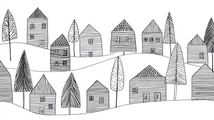 Fototapeta premium A whimsical black and white illustration of a village nestled on a hill