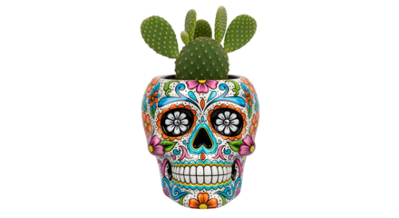 Decorative sugar skull cactus planter, isolated on white background