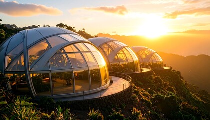Domes at Sunset Overlook with Glass and Steel Architecture