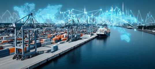 Obraz premium Futuristic Global Trade Seaport Logistics with Smart Automation and Container Terminal Management