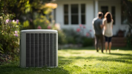 AC unit in front yard, a couple walks toward the white house in the background. Use this for HVAC, home improvement, or real estate advertisements and articles.