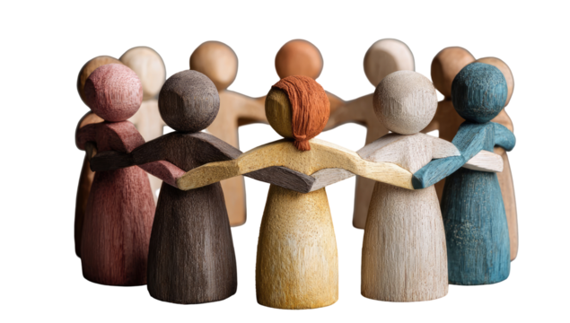 A circle of diverse wooden figurines, holding hands, suggesting unity and community