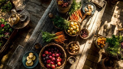 Organic farm table experience rural setting wooden table filled fresh fruit vegetable harvested local farmer highlighting eco tourism sustainable agriculture custom countryside background top down
