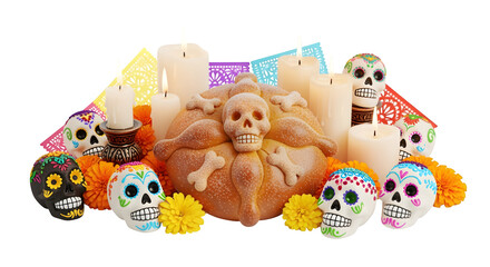 Obraz premium Dia de los Muertos offering altar items (pan de muerto, candles), isolated on white background