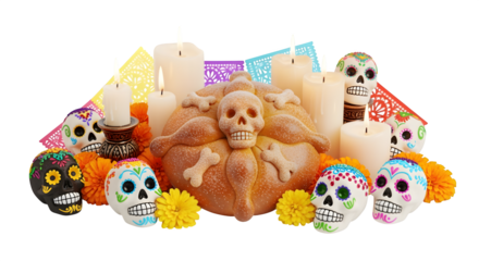Dia de los Muertos offering altar items (pan de muerto, candles), isolated on white background