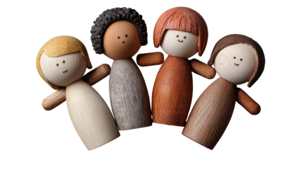 Four wooden dolls, diverse in skin tone and hair color, stand close together, their arms around each other.  Simple facial features and simple, flowing clothing