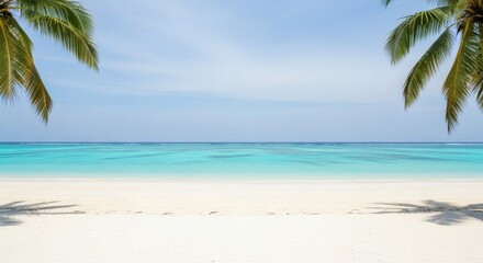 Serene tropical paradise beach with white sand and turquoise water, framed by palm trees. Idyllic summer vacation scene.
