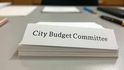 city+budget+meeting Nameplate for the City Budget Committee on a desk, surrounded by stationery.