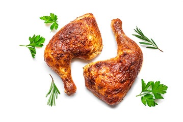 Roasted chicken quarter isolated on white background