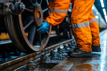 Engineer in orange overall inspects train wheels in maintenance facility