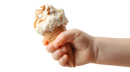Child's hand holding bitten off ice cream isolated on a white background