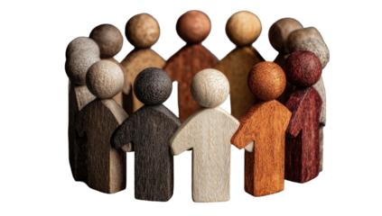 Diverse people in a circle. Wooden figurines of various skin tones. Community, unity, togetherness