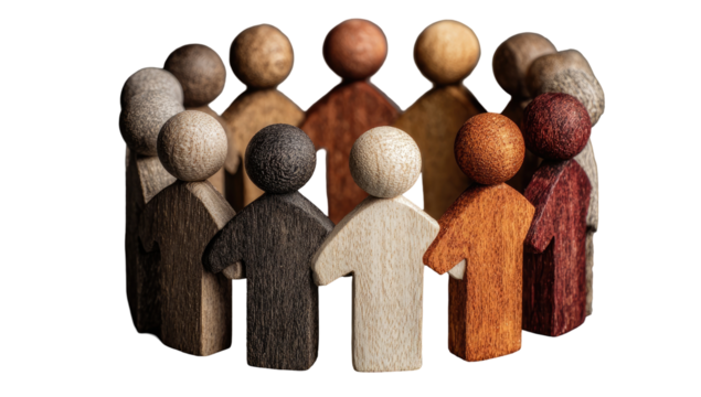 Diverse people in a circle.  Wooden figurines of various skin tones.  Community, unity, togetherness