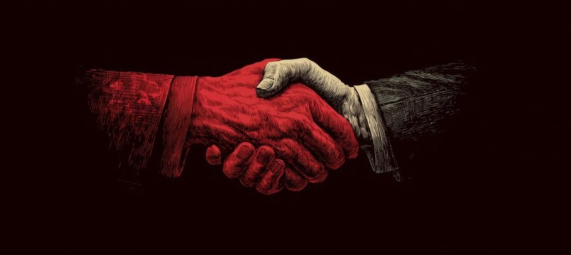 Human and evil handshake agreement deal. Generative AI technology.	
