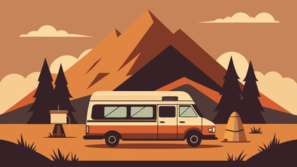 Retro camper van parked in a scenic mountain landscape with pine trees and warm sunset tones in flat illustration style