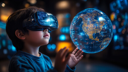 A boy wearing VR glasses interacts with a holographic globe. The concept of immersive learning, future technology, and global exploration through virtual reality. Generative AI.