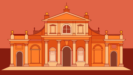 Classical baroque building with columns and ornate facade in warm colors, flat architectural vector illustration