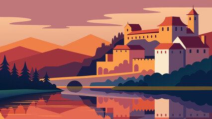 Medieval castle with towers reflecting in calm river at sunset, surrounded by mountains and forest in gradient flat style