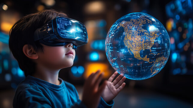 A boy wearing VR glasses interacts with a holographic globe. The concept of immersive learning, future technology, and global exploration through virtual reality. Generative AI. - Powered by Adobe