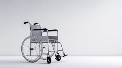 Fototapeta premium Wheelchair with sleek design and sturdy frame positioned on a clean, minimalistic background, showcasing accessibility and mobility solutions for individuals with disabilities