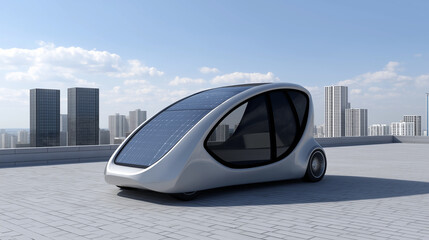 Obraz premium Futuristic electric vehicle with solar panels parked on a rooftop, showcasing innovative design against a backdrop of modern skyscrapers and a clear blue sky