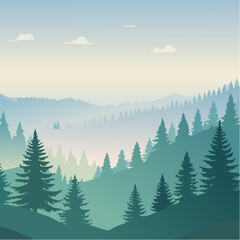 Fototapeta premium Misty landscape vector illustration with fir forest