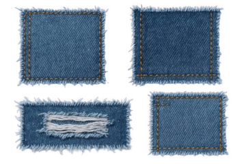 Collection of Four Distressed Denim Patches with Frayed Edges and Visible Stitching, Isolated on Transparent Background