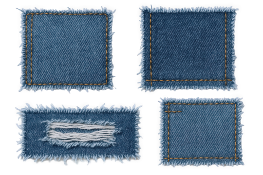 Collection of Four Distressed Denim Patches with Frayed Edges and Visible Stitching, Isolated on Transparent Background