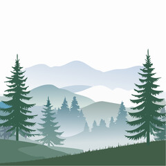 Fototapeta premium Misty landscape vector illustration with fir forest