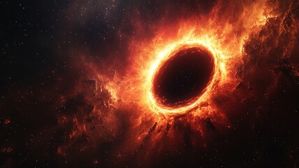Naklejka premium Fiery Black Hole or Singularity in Deep Space space singularity fiery astronomy black hole cosmic ai