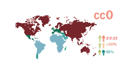Obraz premium World map infographic showing global distribution of data with percentages and color coded regions