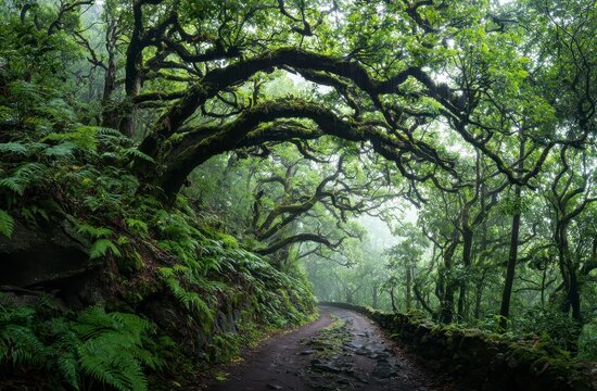 Misty rainforest path, gnarled trees
