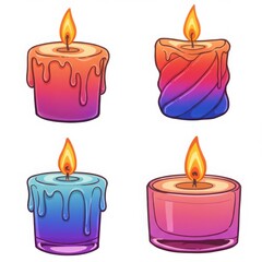 Four colorful burning candles isolated on white background