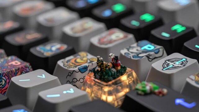 Vibrant custom mechanical keyboard with artistic keycaps and glowing RGB lighting, perfect for gaming setups