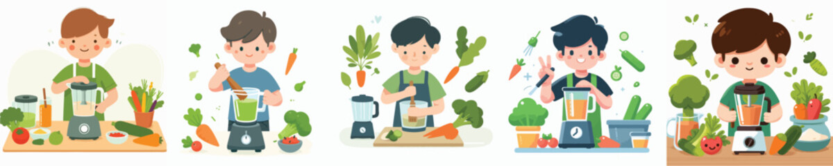 vector character of a boy blending vegetables