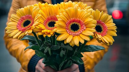Person in yellow jacket holds bouquet of yellow Gerbera daisies with reddish centers green foliage for spring affection gifting floral moment nature love celebration concept.