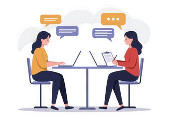 Ai generated image of two women collaborating and communicating at a table with laptops isolated on transparent background