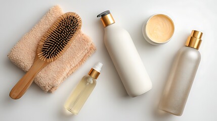 Hair care products including a wooden hairbrush, towel, shampoo, conditioner, serum, and lotion, arranged on a white background