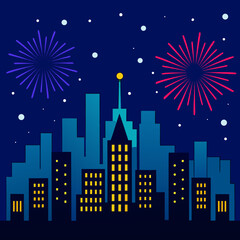 Fototapeta premium Cityscape at night with fireworks display
