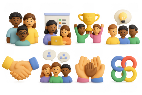 Diverse teamwork and collaboration concepts in 3d cartoon style with iconic symbols - Powered by Adobe