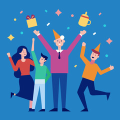 Joyful people celebrating with confetti and gifts