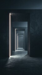 Dark, concrete hallway with glowing light