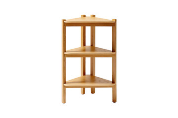 Light-brown corner shelving unit with three tiers